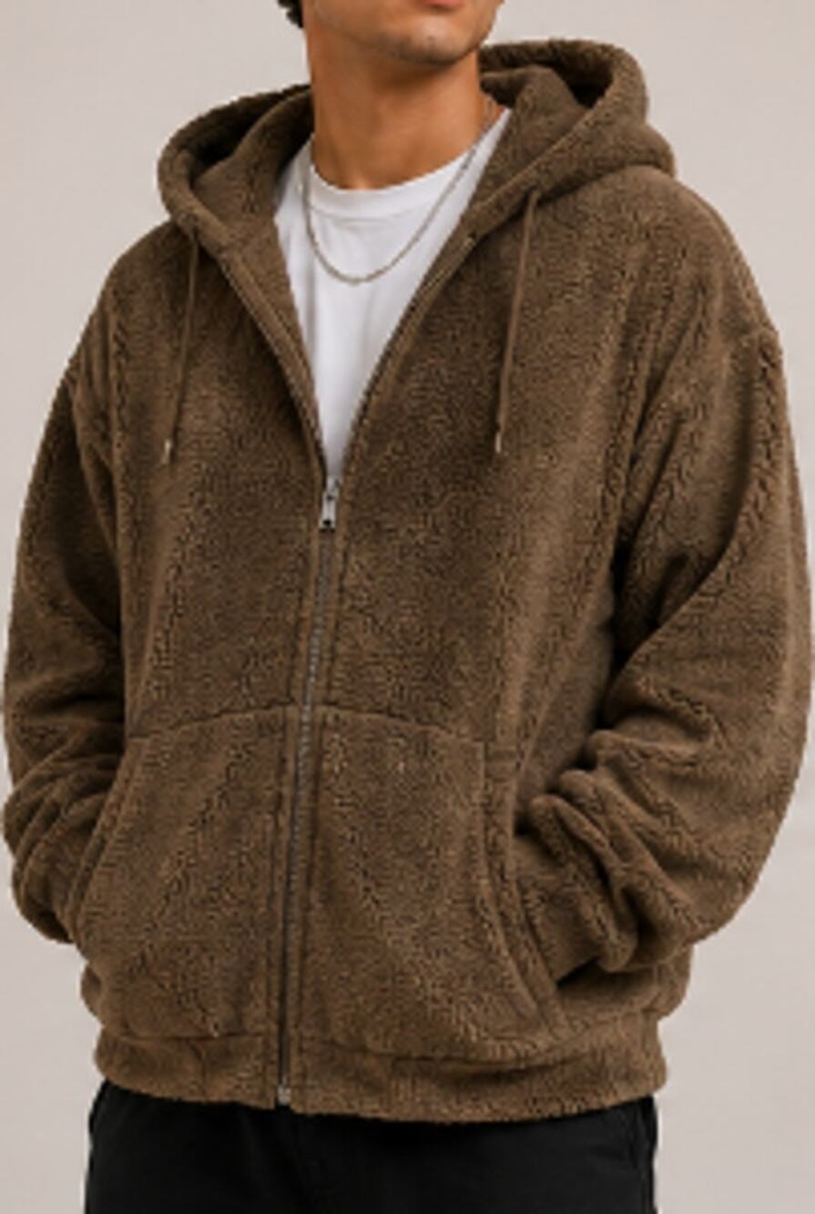 NWT Cernucci Oversized Borg Sherpa Zip Hoodie Chocolate Brown Boxy Unisex Size S